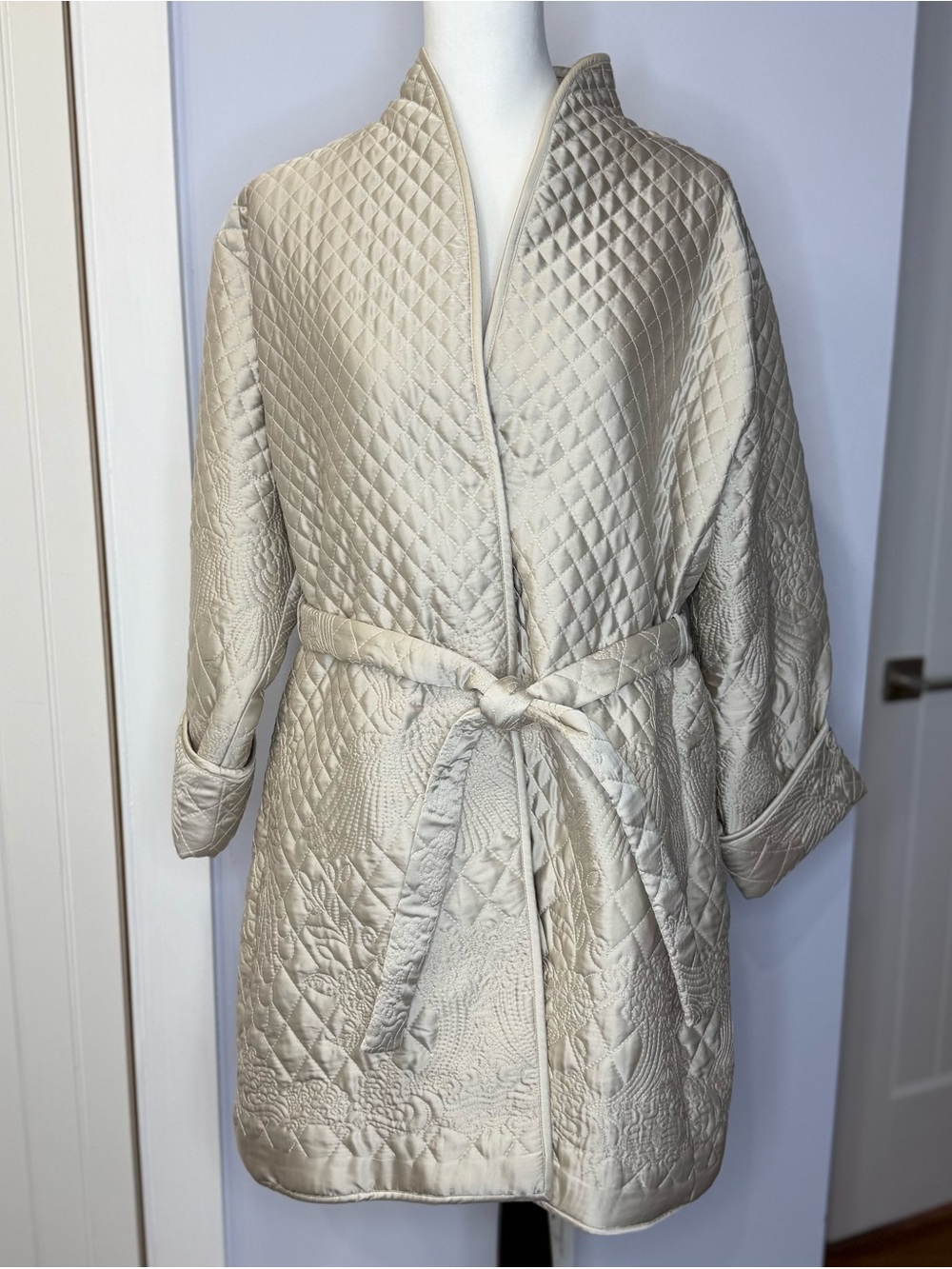 Johnny Was Naoka Quilted Tie-Waist Coat, champagne, size L. NEW!